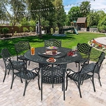 SOCIALCOMFY 10-Piece Patio Cast Aluminum Dining Set, All Weather Outdoor Dining Furniture Set for 8 Person, Includes 8 Dining Chairs and 61" Large Round Dining Table w/ 31" Lazy Susan, Umbrella Hole