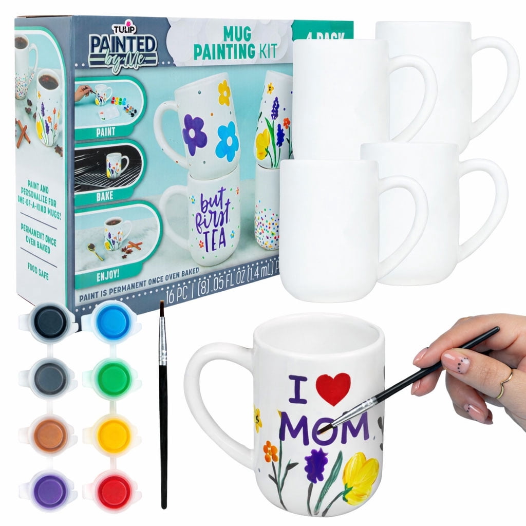Tulip Painted by Me Mug Painting Craft Kit, 16 Piece Set with 4 Mugs, 8 Paint Pots and 4 Brushes
