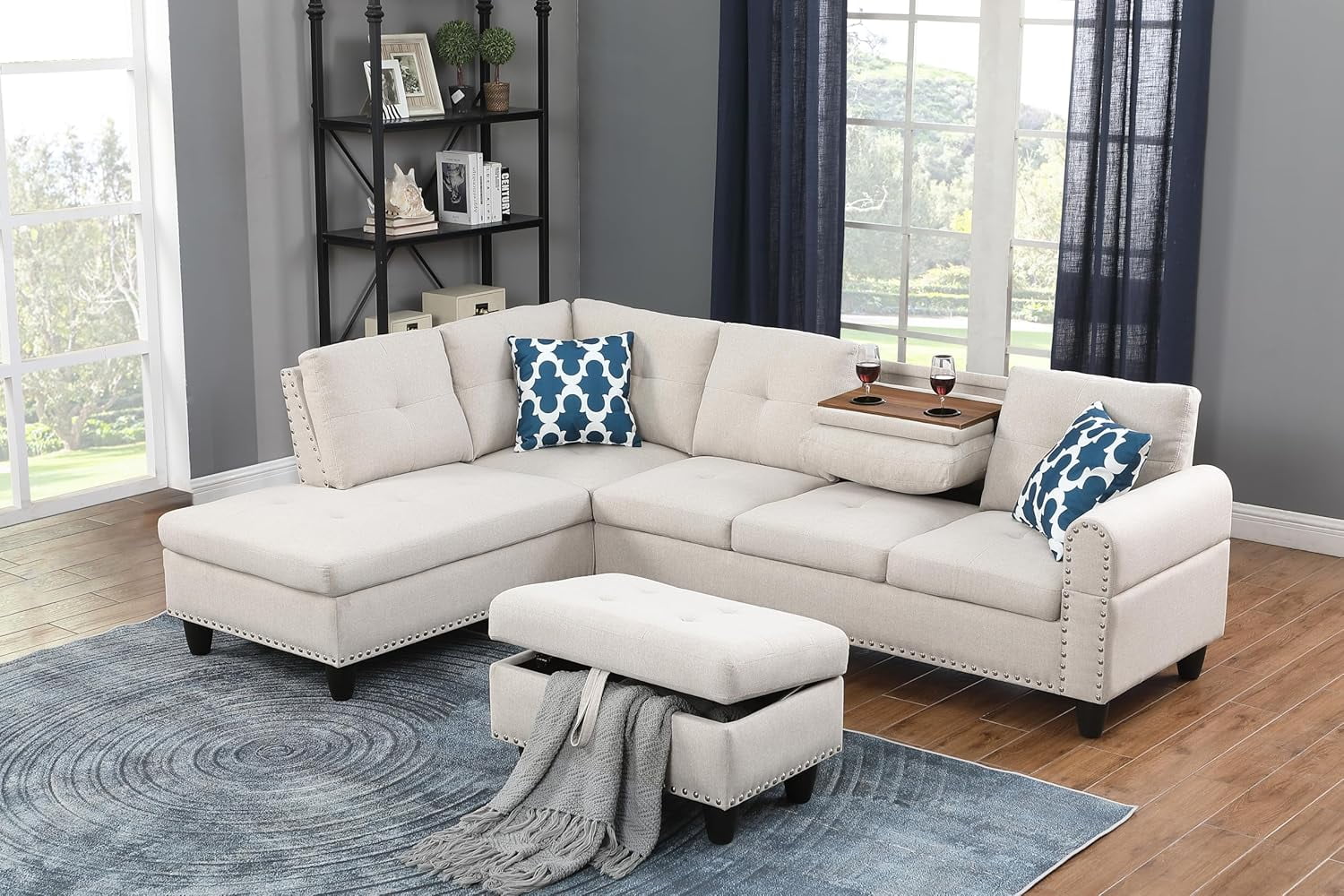 Howcool L Shaped Sectional Sofa, 4 Seater Couch with Chaise Lounge, Storage Ottoman, Cup Holders and Pillows, Modern Linen Fabric Couch for Living Room, Beige