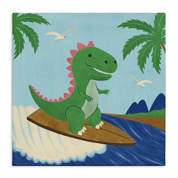 Stupell Industries Baby Surfing Dino Animals Painting Wrapped Canvas Art Print Wall Art, 17 x 17