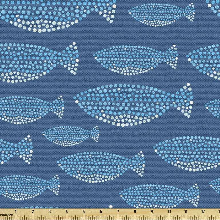 Fish Fabric by the Yard, Doodle Arrangement of Fish with Dots in Blue  Shades Nautical Life Theme, Upholstery Fabric for Dining Chairs Home Decor