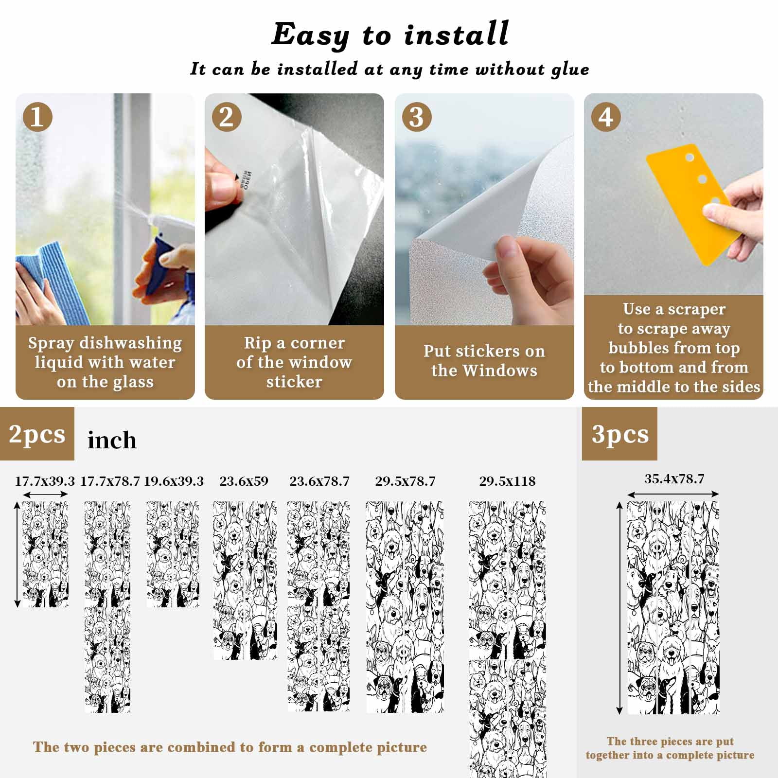 Cute Dag Window Privacy Film, Black White Lines Puppy Cartoon Animal Abstract Frosted Glass Window Clings Static Cling UV Heat Blocking Reusable Door Sticker for Bathroom 23.6 x 59 Inch