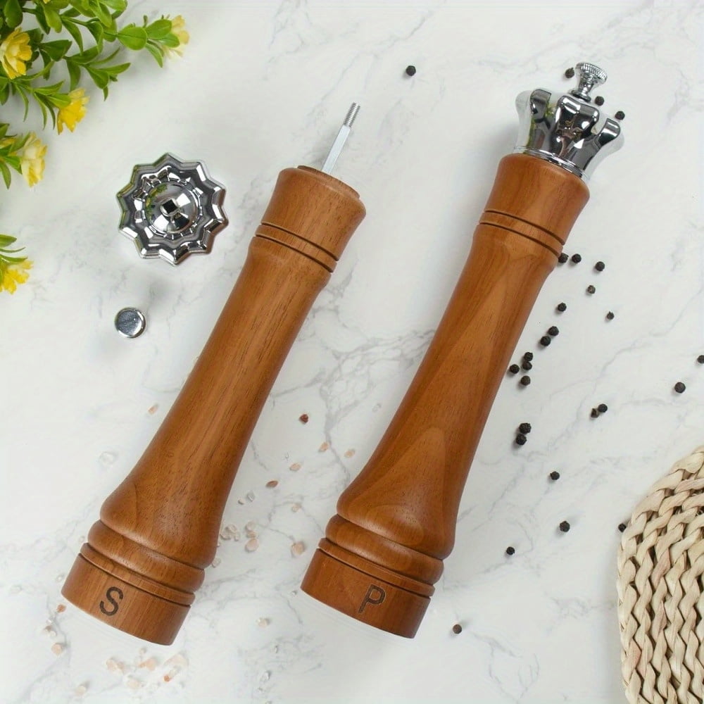2 Pack-10 Inch Wood Salt and Pepper Grinder Set, Salt and Pepper Mill Set, Elegant Spice Shaker with Crown Lid, Kitchen Table Decor Adjustable Ceramic Core