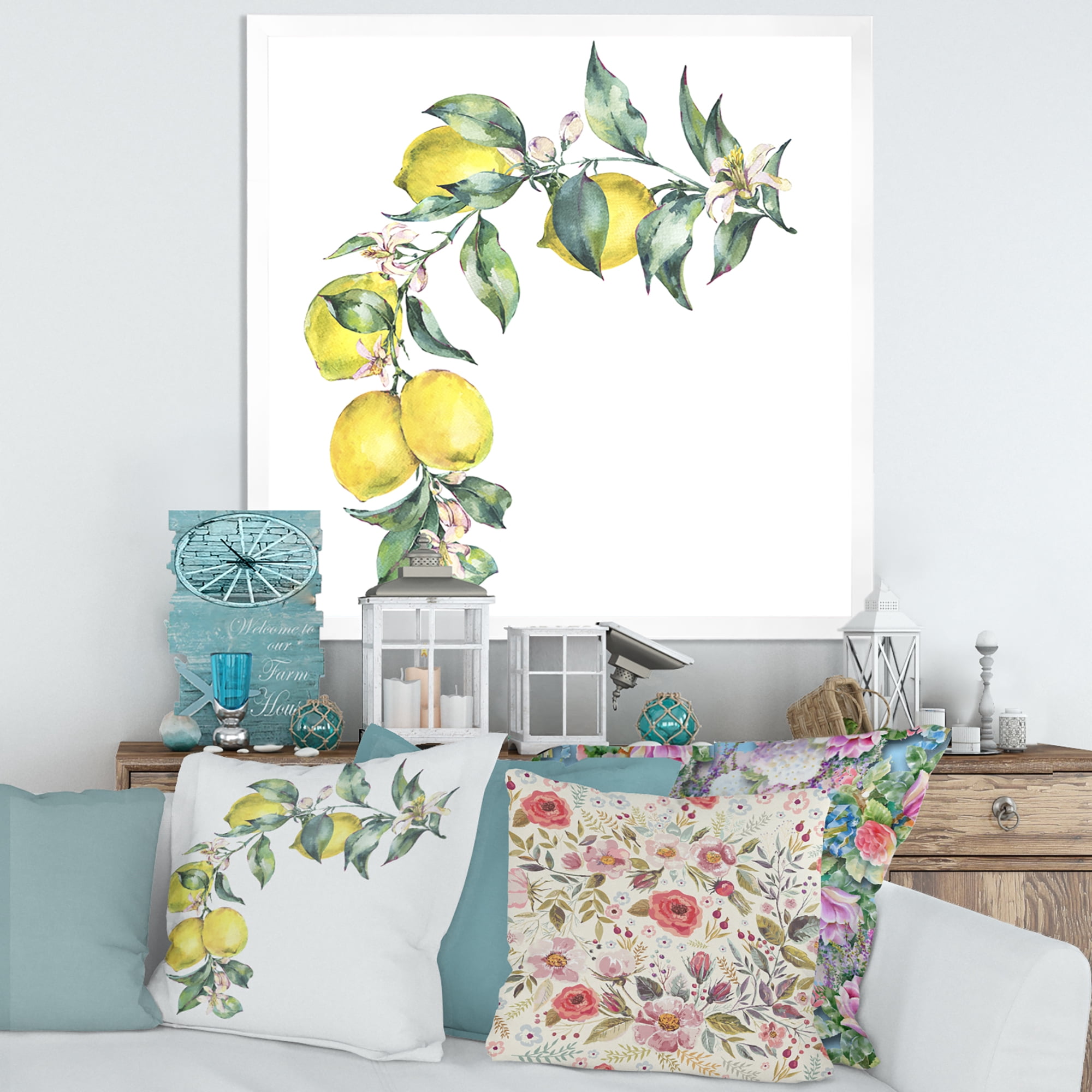 Designart 'Branch of Leaves and Yellow Lemons II' Tropical Framed Art Print