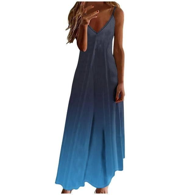 hotojiny Robes Maxi pour Femmes 2025 à Bretelles Spaghetti à Col en V Robe Fluide Tendance Sans Manches Dégradé Ligne A Robes d'Été