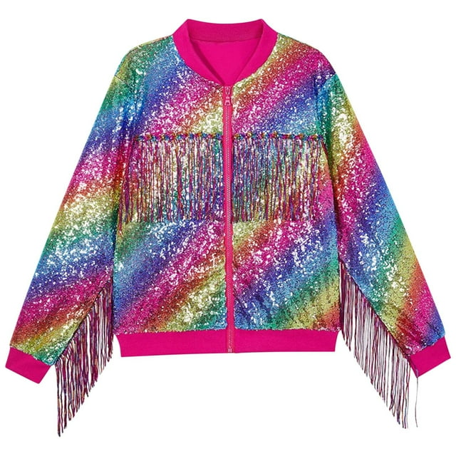 Dealovy Girls Sequin Jackets Spring Summer Long Sleeve Shirts Full Zipper Sparkly Solid Color Tassel Tops