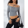 thumbnail image 2 of FEORJGP Women Long Sleeve Short T-Shirts Tie-Up Boat Neck Jumpers Off Shoulder Shirts Solid Color Blouses Slim Fit Cropped Tops Casual Fashion Streetwear for Spring Fall, 2 of 9
