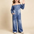 thumbnail image 2 of Tfken Girls Jumpsuit Summer Off The Shoulder Comfy Casual Jumpsuit With Pockets Daily Wear Soft Child Fashion Clothes Size 4-5 Years Blue, 2 of 7