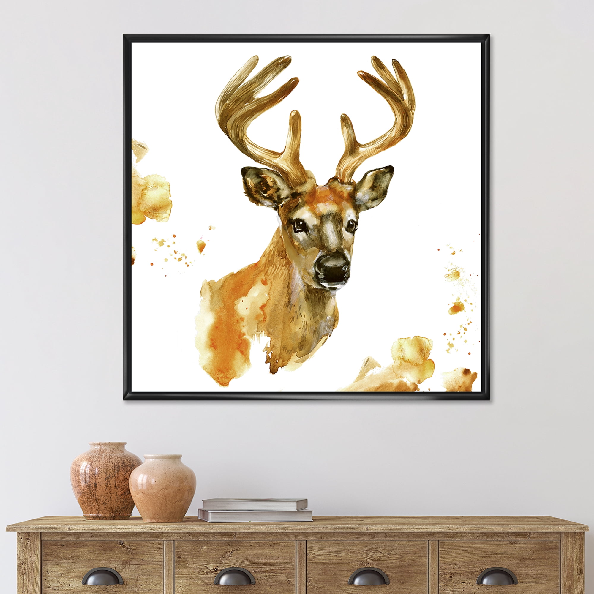 Designart 'Abstract Portrait Of Deer With Big Horns' Farmhouse Framed Canvas Wall Art Print
