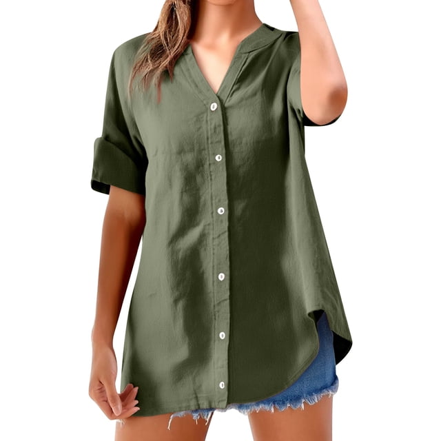 Camisa de lino para mujer: talla grande, manga corta, cuello en V, color liso