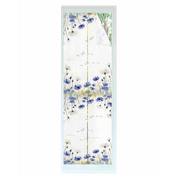 Window Privacy Film Botanical Flowers Stained Glass Window Film Decorative Sun Block Window Cover Watercolor Country Blue White Floral Window Clings Static Adhesive Sticker for Bathroom 23.6"x78.7"