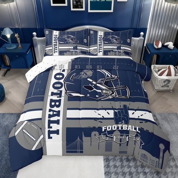 jejeloiu Boys Sport Game Bedding Comforter Set,Rugby Football Gamer Twin Comforter Sets,Gray Blue Bedding Set For Boys,Ultra Soft Home Decor Reversible,2pcs