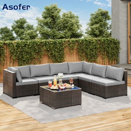 Asofer 7-Pcs Outdoor Patio Furniture Set, Conversation Sectional Sofa With Cushion, Glass Table, For Porch, Poolside, Gray