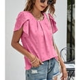 thumbnail image 3 of Women Round Neck Top Pleated Neckline Short Petal Sleeves Jacquard Fabric Casual Summer T Shirt Rose Red S, 3 of 8