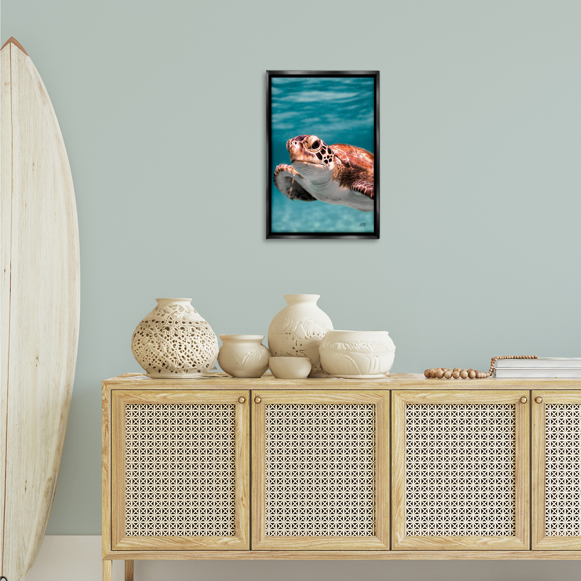Stupell Industries Underwater Sea Turtle Swim Animals Photography Black Floater Framed Canvas Art Print Wall Art, 17 x 25
