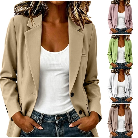 Zynoxe Womens Plus Size Blazer Jacket Casual Loose Fit Button Down Long Sleeve Business Office Suit Jacket with Pockets Beige S