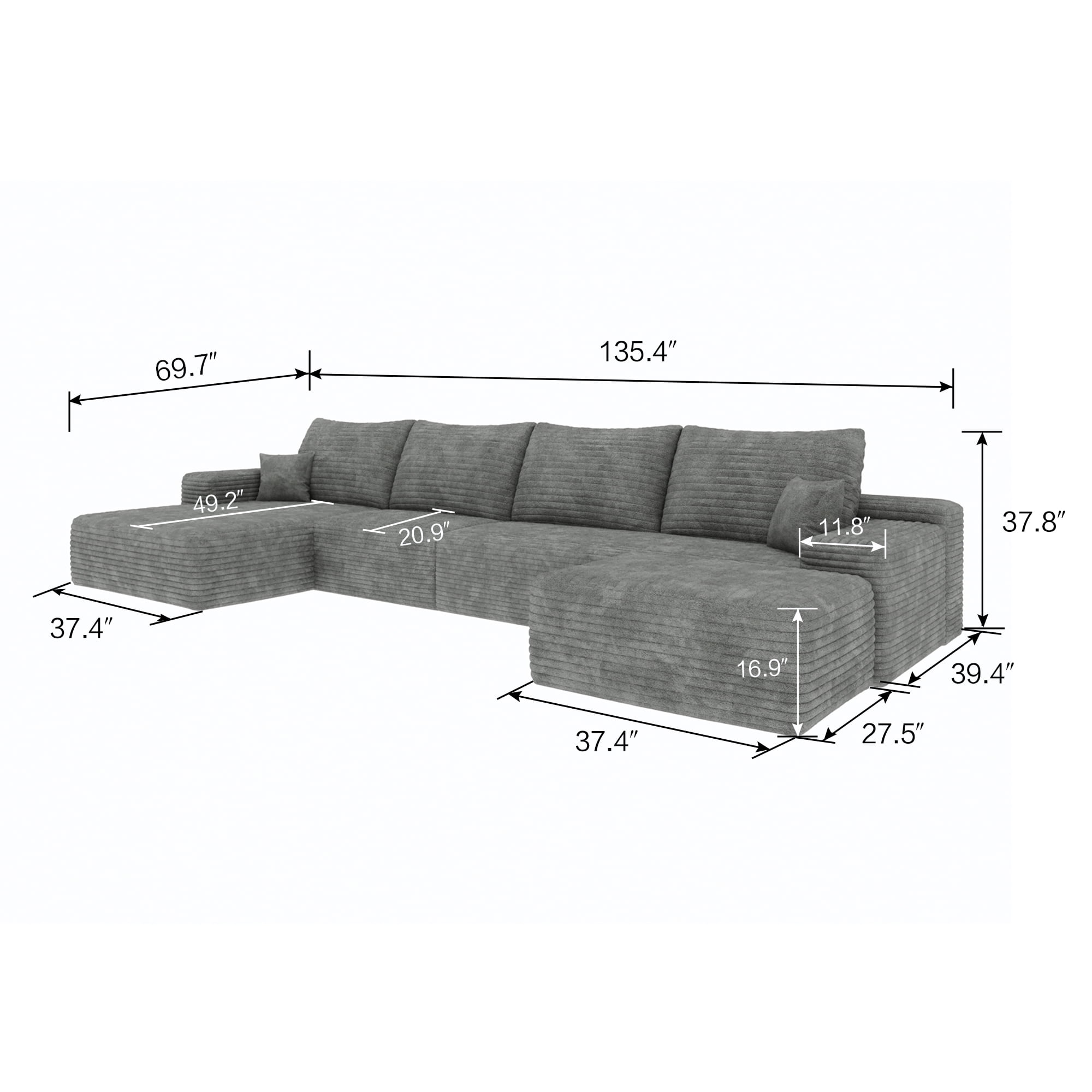 MAYEERTY 135" Gray Modern Modular Cloud Sectional No Assembly Durable Gray Sofa