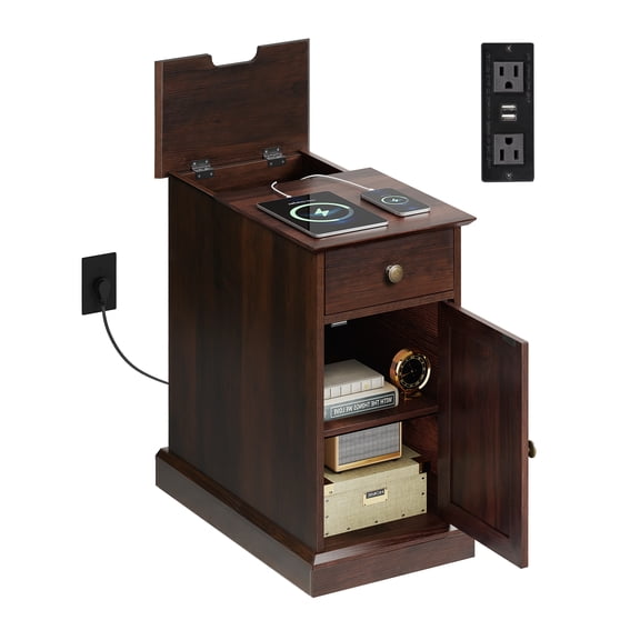 GALAXHERO End Table with Charging Station, Narrow Side Table with Drawer and Cabinet Storage, USB Ports and AC Outlets, Removable Shelf, Nightstand for Living Room or Bedroom, Espresso
