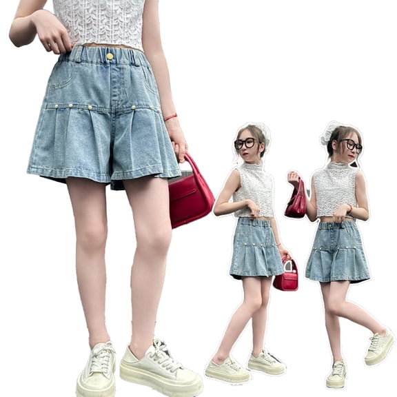 LYMAYTER 5-14Y Girls Juniors Girls Summer Loose Fit Ruffled Edge Cute Denim Shorts