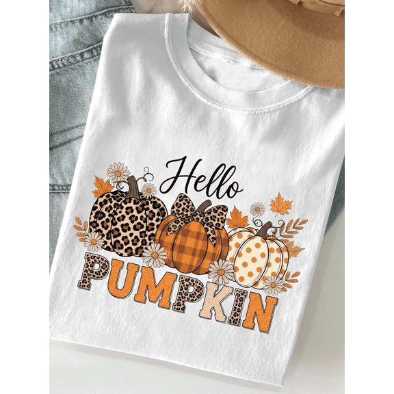 Hello Pumpkin Fall Graphic T‑Shirt for Women, Leopard Plaid Pumpkin Autumn Short Sleeve Casual Tee