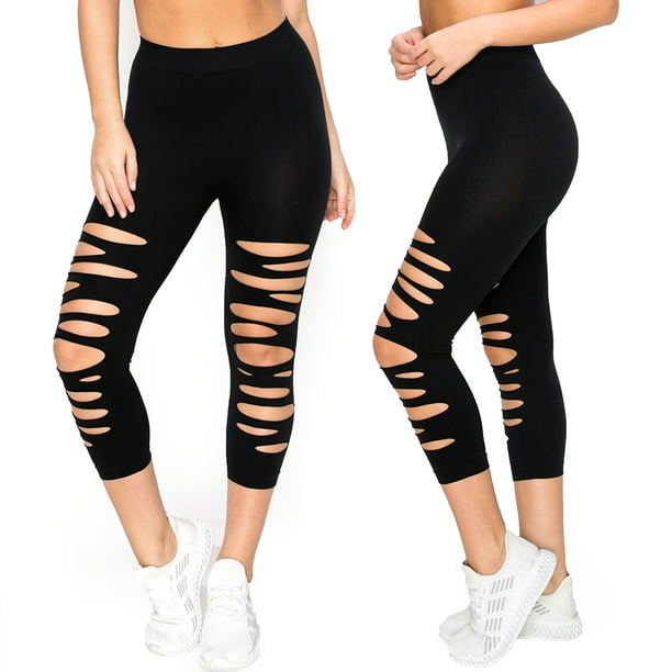 Kaap Datum Af en toe 2 Pc Ladies Sexy Cut Out Capri Leggings Ripped Slit One Size Stretch Yoga  Black - Walmart.com