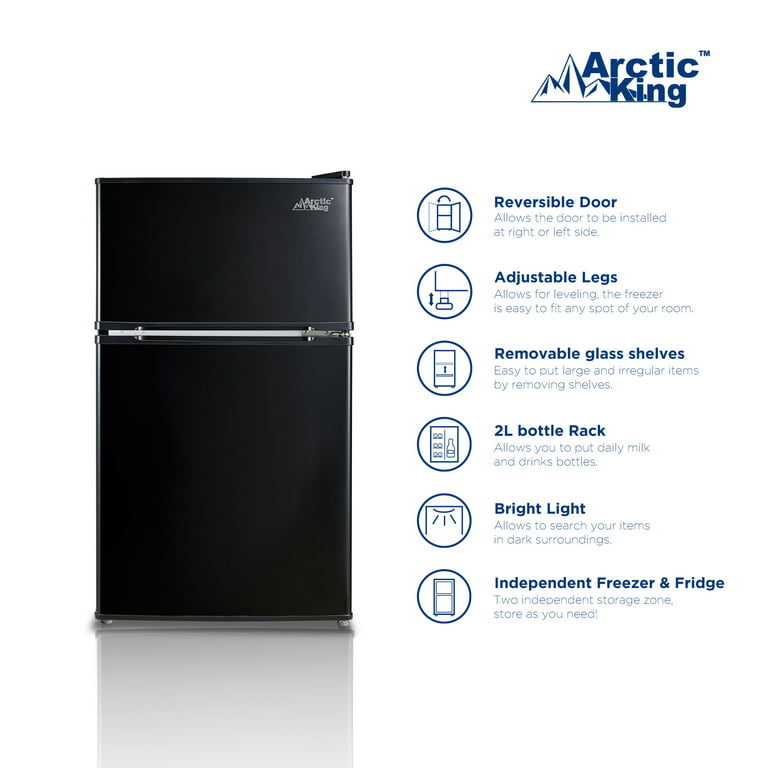 Arctic King - [ATMP032AEB] 3.2 Cubic Feet Two Door Mini Refrigerator with Freezer, Black