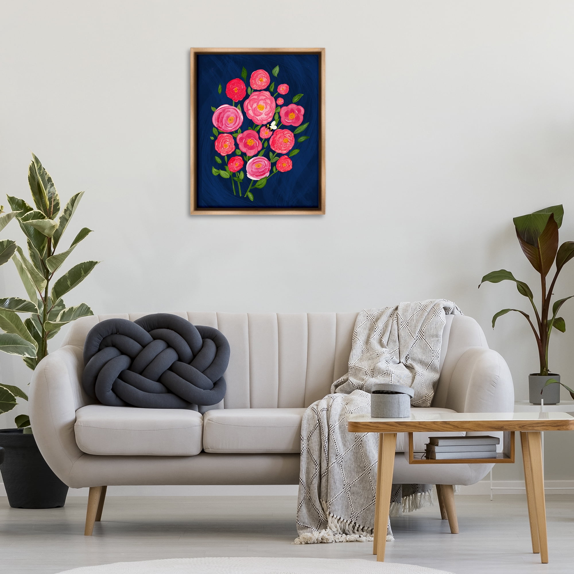 Stupell Industries Pink Poses Bunches Plants & Flowers Painting Brown Floater Framed Canvas Art Print Wall Art, 25 x 31