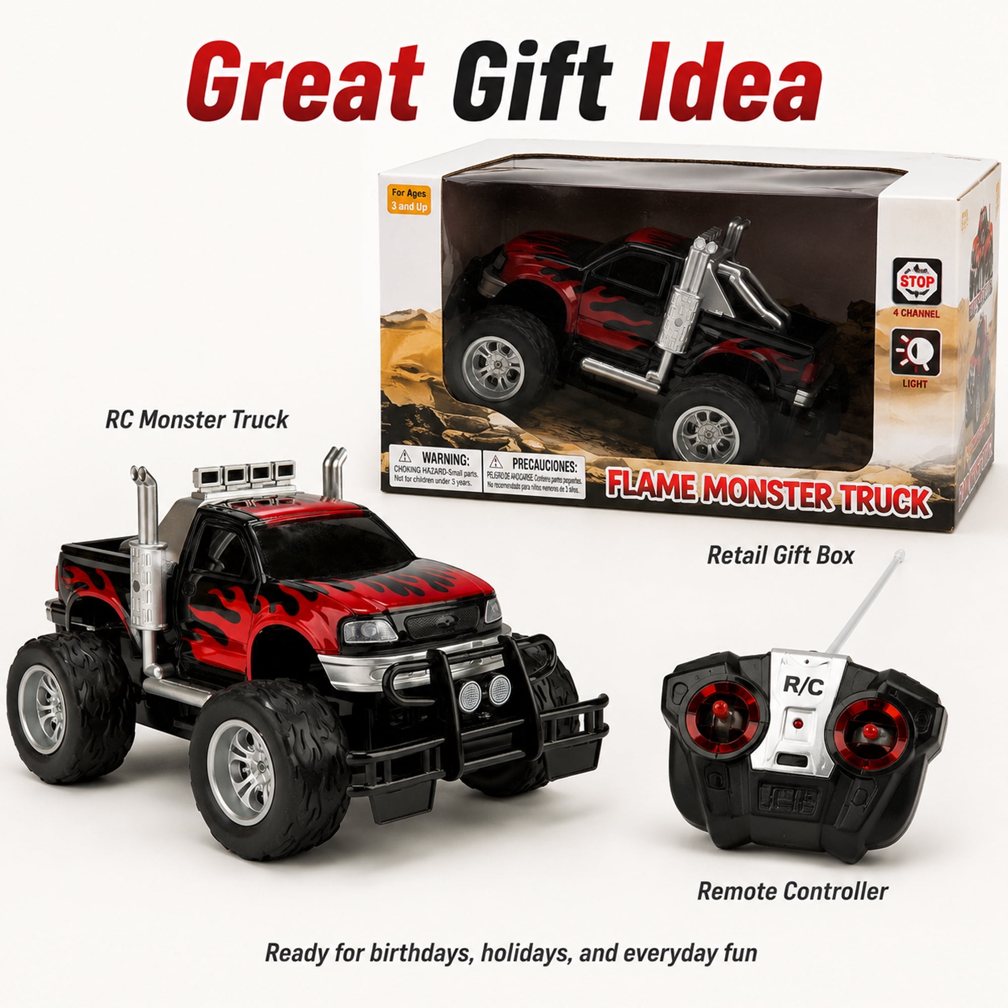 RC Monster Truck Toy for Kids, Remote Control Off-Road Racing Truck with Light-Up Front Lights, Flame Graphics, Big Tires, Red Black