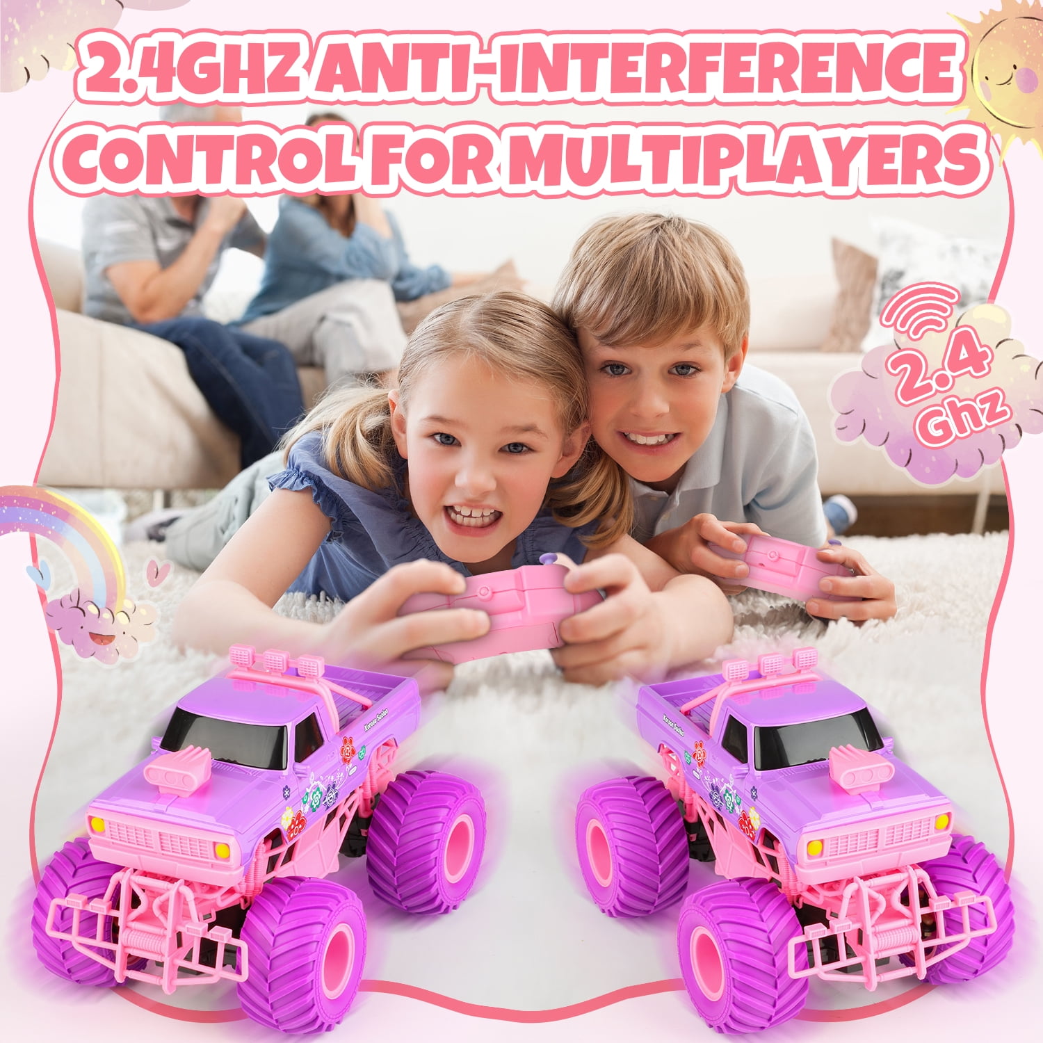 Beefunni Pink RC Car for Girls, 4WD Off-Road Remote Control Truck with 2.4GHz, Rechargeable Batteries, All-Terrain RC Toy for Kids Ages 6-12, Birthday Gift for Girls