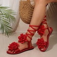 thumbnail image 4 of Gladiator Sandals for Women Solid Color Flower Strappy Lace up Open Toe Flat Shoes Summer Beach Vacation Casual Footwear Red Size 10.5, 4 of 7