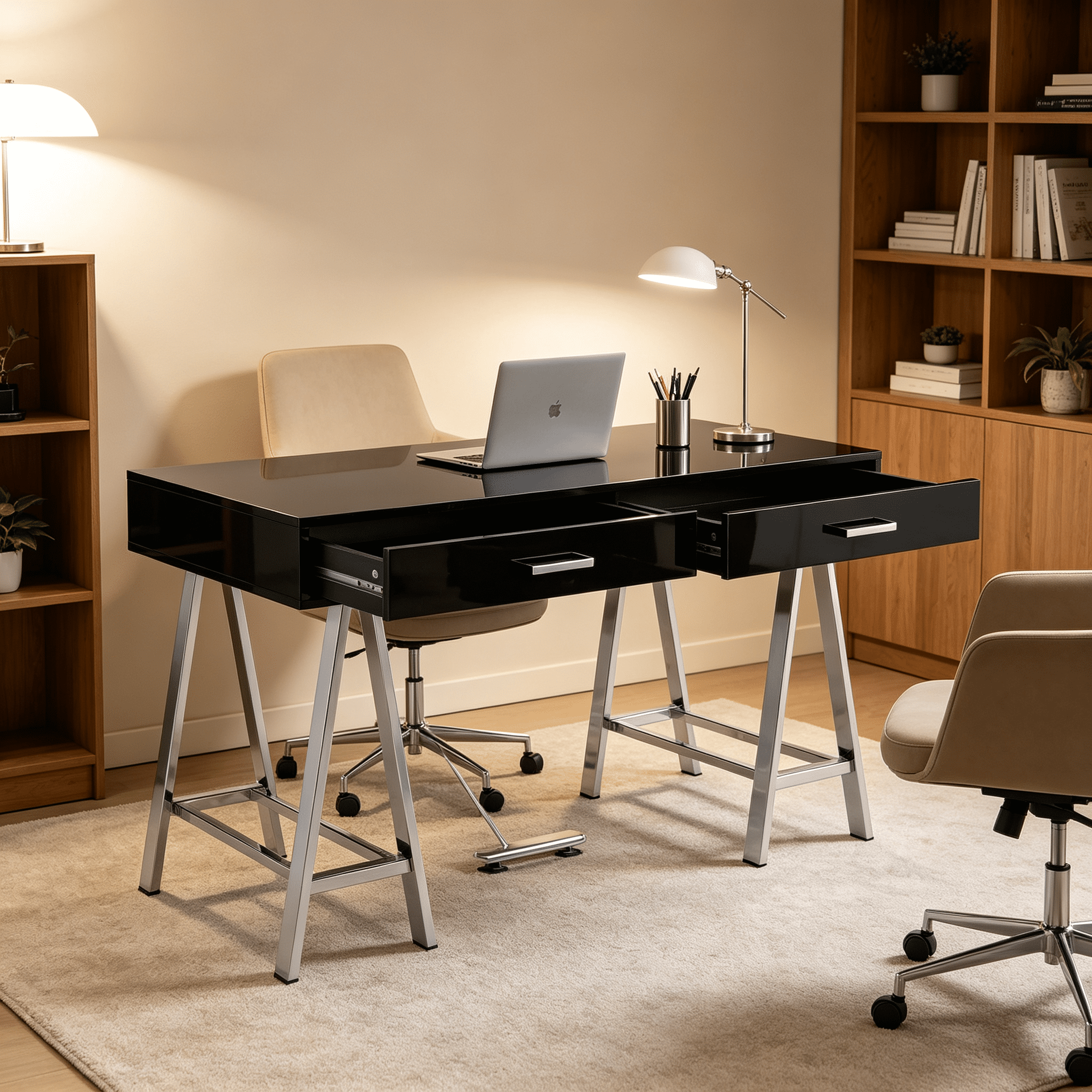 Astoutdoor Black High Gloss and Chrome Writing Desk with USB Port