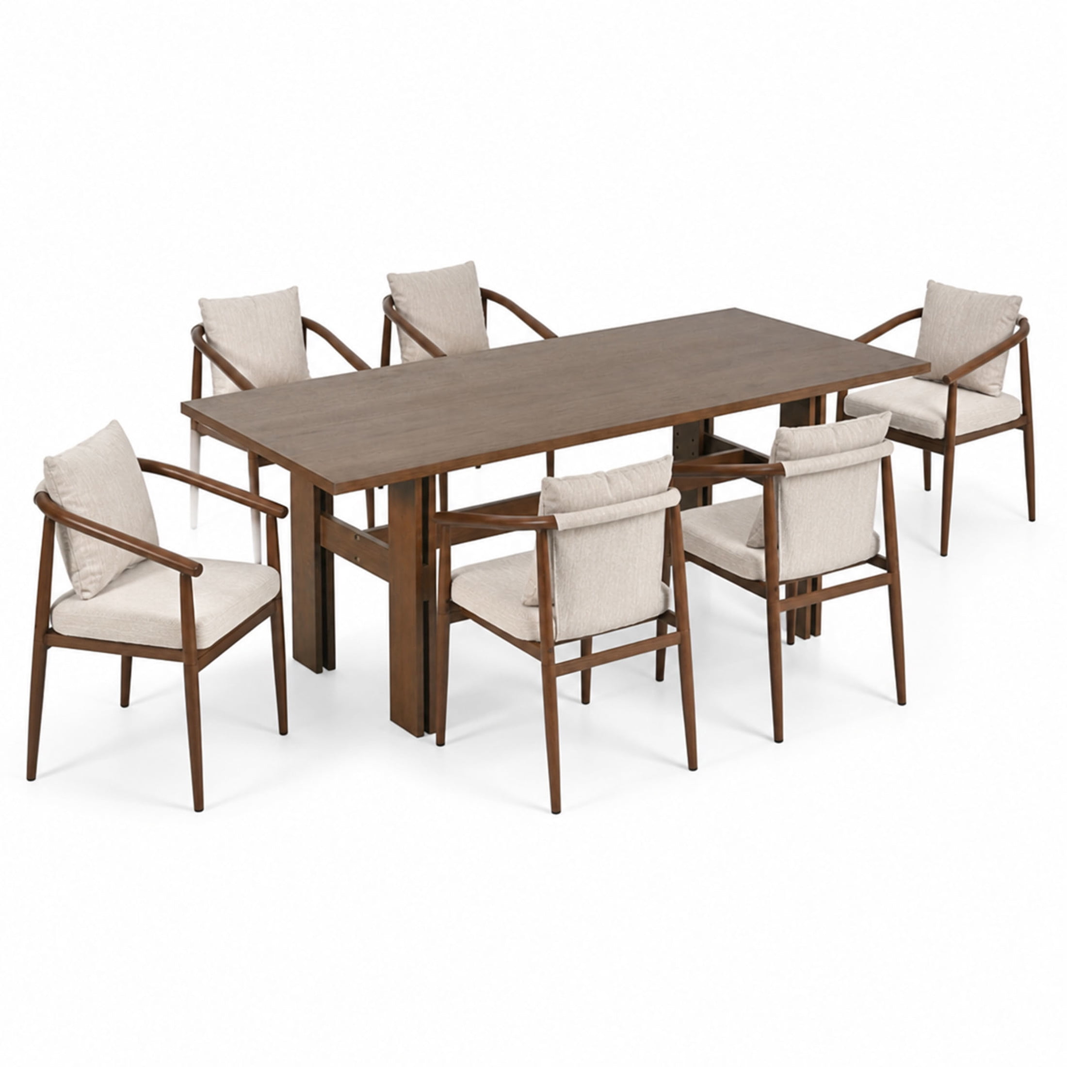 Christopher Knight Home 7-Piece Contemporary Dining Set, 71" Table with Iron Chairs and Cushion, Walnut+Beige