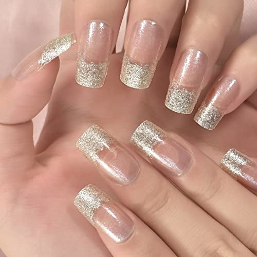 HNAPA Gold Glitter Tips See-Through Medium Square Press On Nails, Glossy Transparent Shimmer Nails Art, Women Girls Gift, Nails Sticker, Acrylic Artificial Nails, Date Daily Faux Ongles 24 pcs/kit