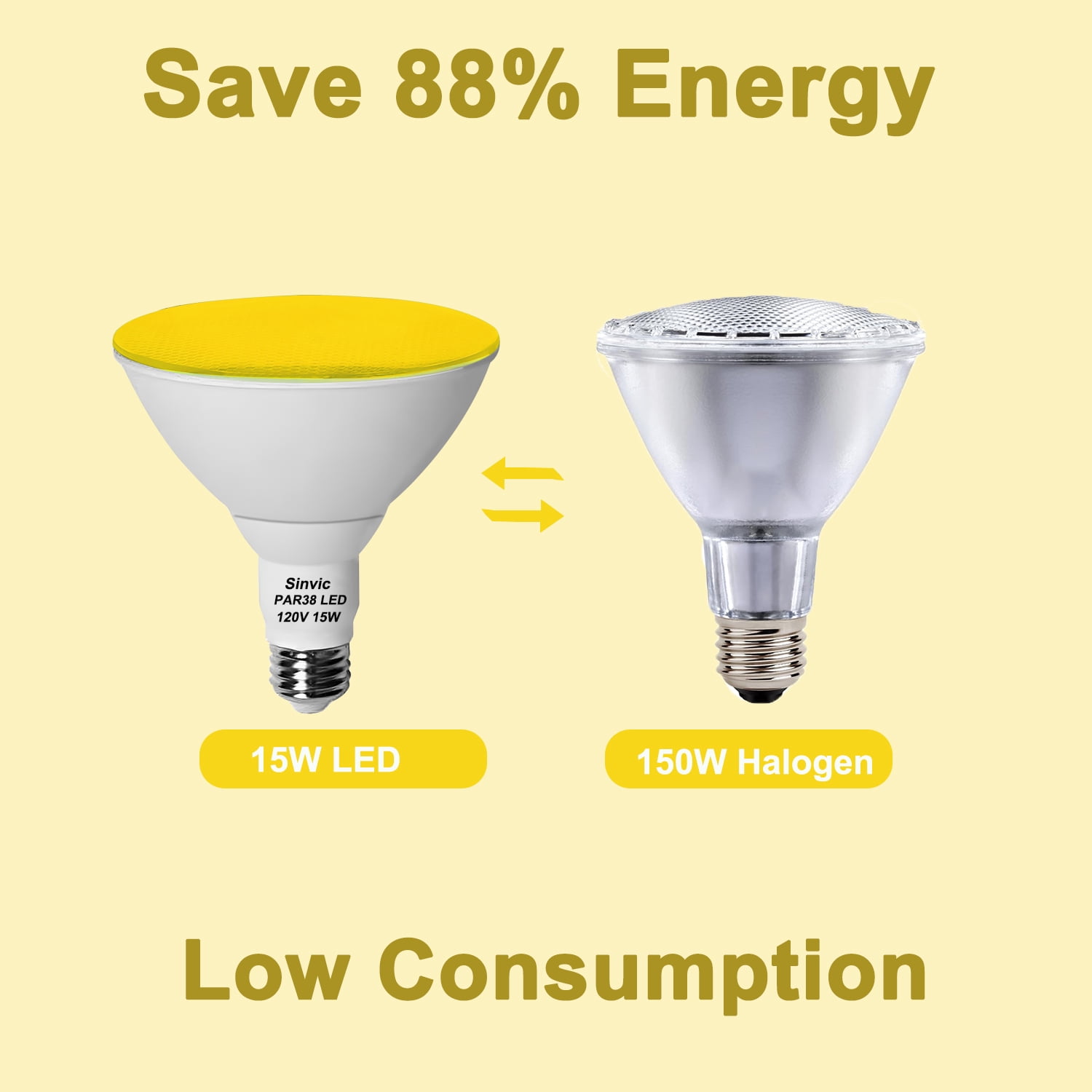 Sinvic 2 Pack Dimmable Yellow PAR38 LED Bulb 15W 150W Equiv 700LM 120V E26 Outdoor Flood Light