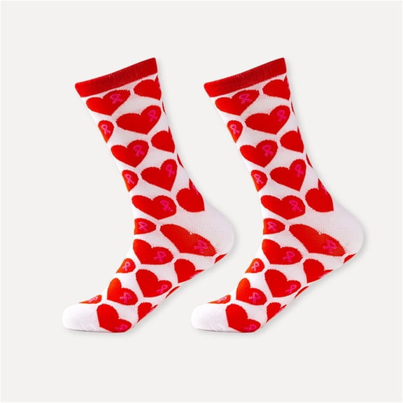 Valentine's Day Socks for Women, Pink Ribbon & Red Heart Design, Soft Stretch Nylon Spandex Crew Socks, One Size Fits Most,Size Free Size