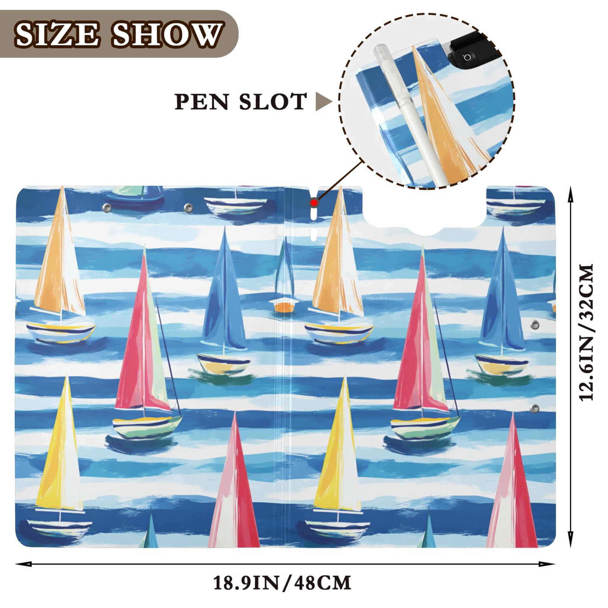 FORMRS A4 Clipboard Folder with Pen Holder Horizontal Foldable School Office Binder, Green Sailboats