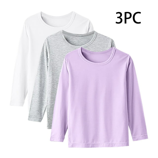 YUNAFFT T-Shirts Superposés Unisexes pour Enfants Couleur Unie Manches Longues Col Rond Lot de 3 Minimaliste Décontracté
