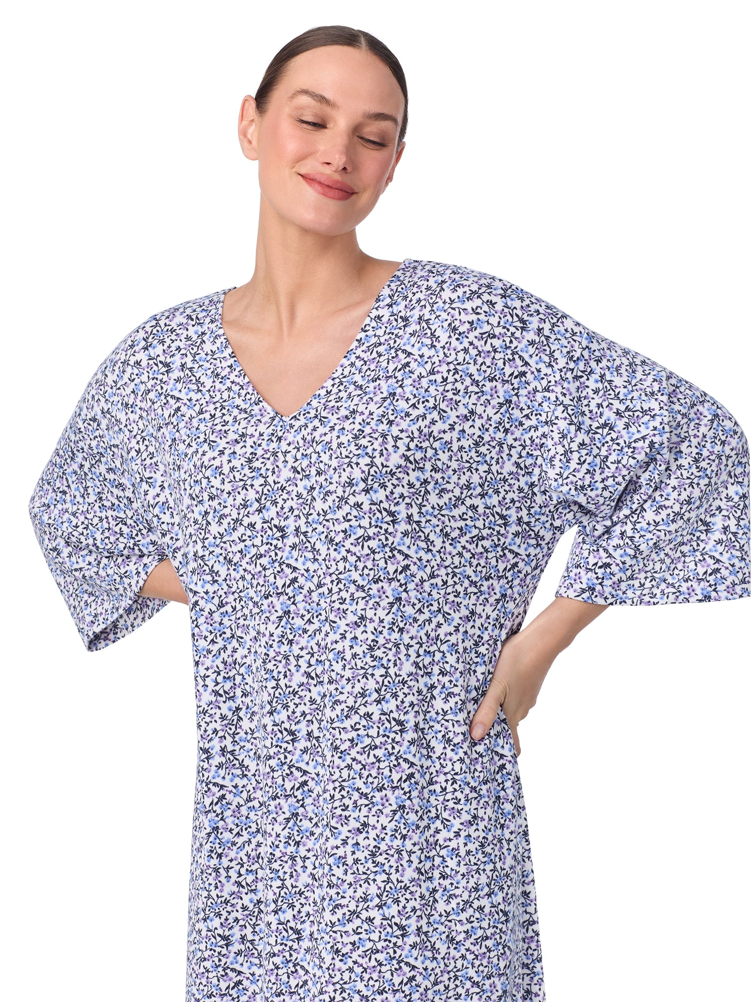 Aria Women's Sweater Knit 3/4 Sleeve V-Neck Lounger Nightgown with Pockets, Sizes XS to 5X