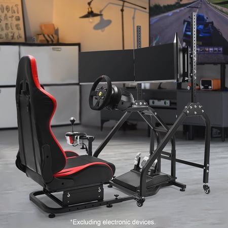 Marada Racing Simulator Cockpit With Red Seat and Triple Monitor Mount, Compatible with Logitech & Thrustmaster. Steering Wheel, Pedals, and Shifter Not Included.