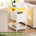 thumbnail image 6 of End Table with Charging Station, Narrow Side Table with Adjustable Fabric Drawer, 3-Tier End Tables Living Room, Small Nightstand with Outlets, LED Skinny Night Stand for Bedroom Small Spaces White, 6 of 18