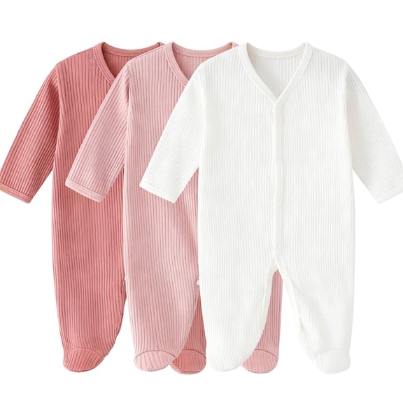 Fengactive Infant Baby Boys Girls 3 PCS Spring Summer Ribbed Footed Jumpsuit V Neck Full Snap Long Sleeve Soft Stretchy Newborn Sleep Romper Set