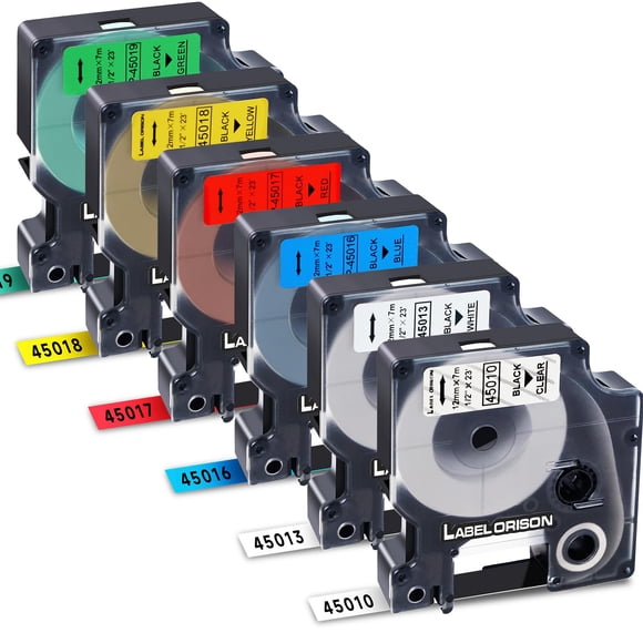 Label Orison - Compatible avec Dymo D1 Ruban d'Étiquette 45013 45010 45018 45016 45017 45019 12 mm 1/2 Pouce x23 Pieds Cassette pour LabelManager 160 280 210D 420P PnP, - Ensemble Combo 6 Couleurs