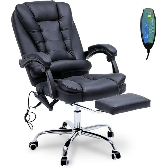 TTGIEET Reclining Office Chair with Massage, Ergonomic Office Chair w/Foot Rest, PU Leather Executive Computer Chair w/Heated, Padded Armrest, High Back Swivel Recliner for Office Home Study (Black)