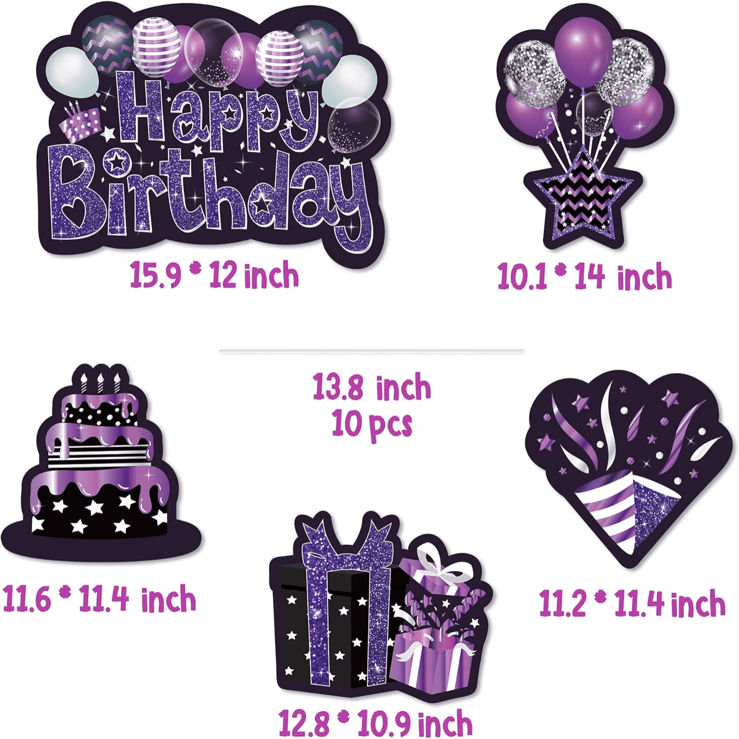 Black Purple Happy Birthday Yard Signs with Stakes,Glittery Lawn Sign for Birthday Party Decoration,5pcs