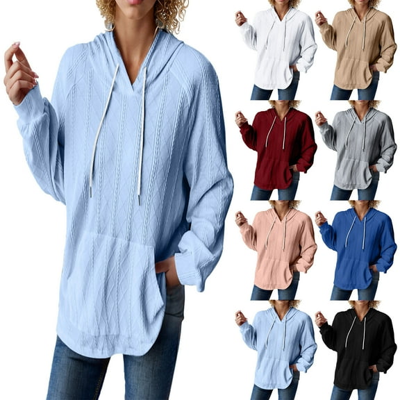 Jinhomg Comfy Oversized Sweatshirts for Women Dressy Casual Solid Drawstring Hoodie Fall Lightweight Long Sleeve V-Neck Pullover Top Winter Saving Black M