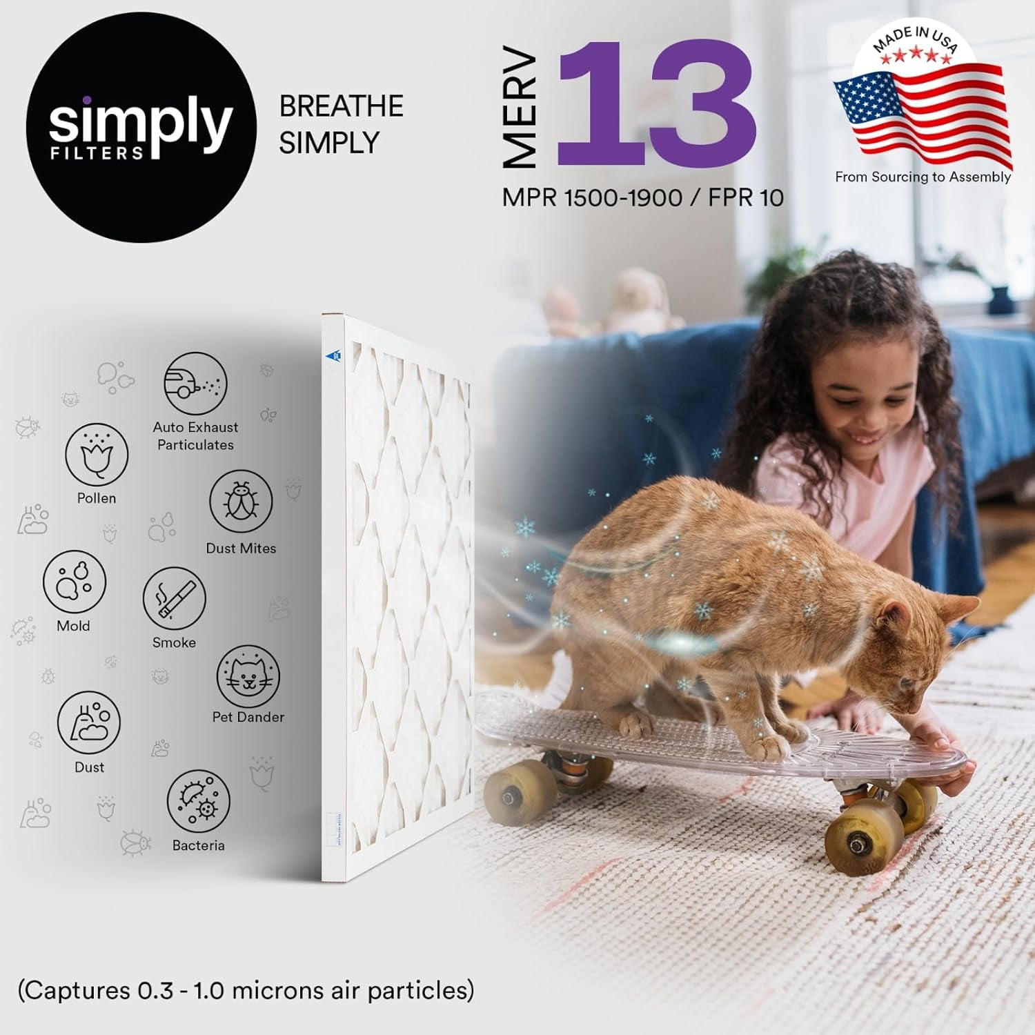Simply Filters 20x20x1 MERV 13, MPR 1500, AC Furnace HVAC Air Filter (4 Pack)