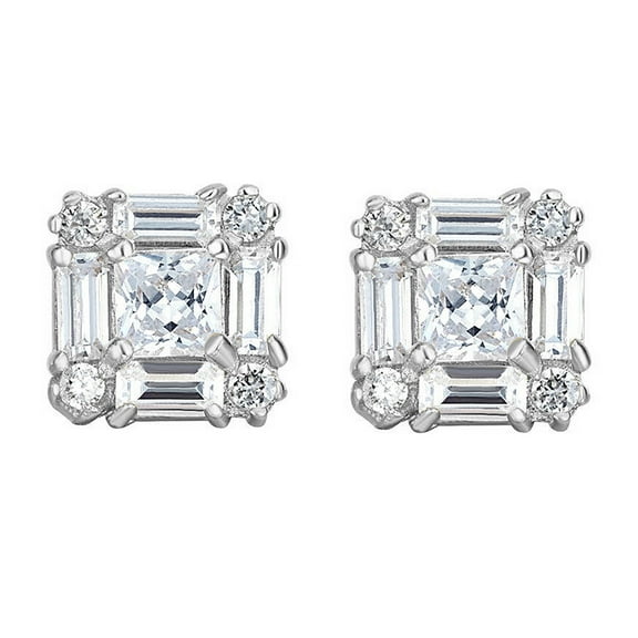 Precious Stars 14K White Gold 7 mm Square Princess & Baguette-cut Cubic Zirconia Stud Earrings