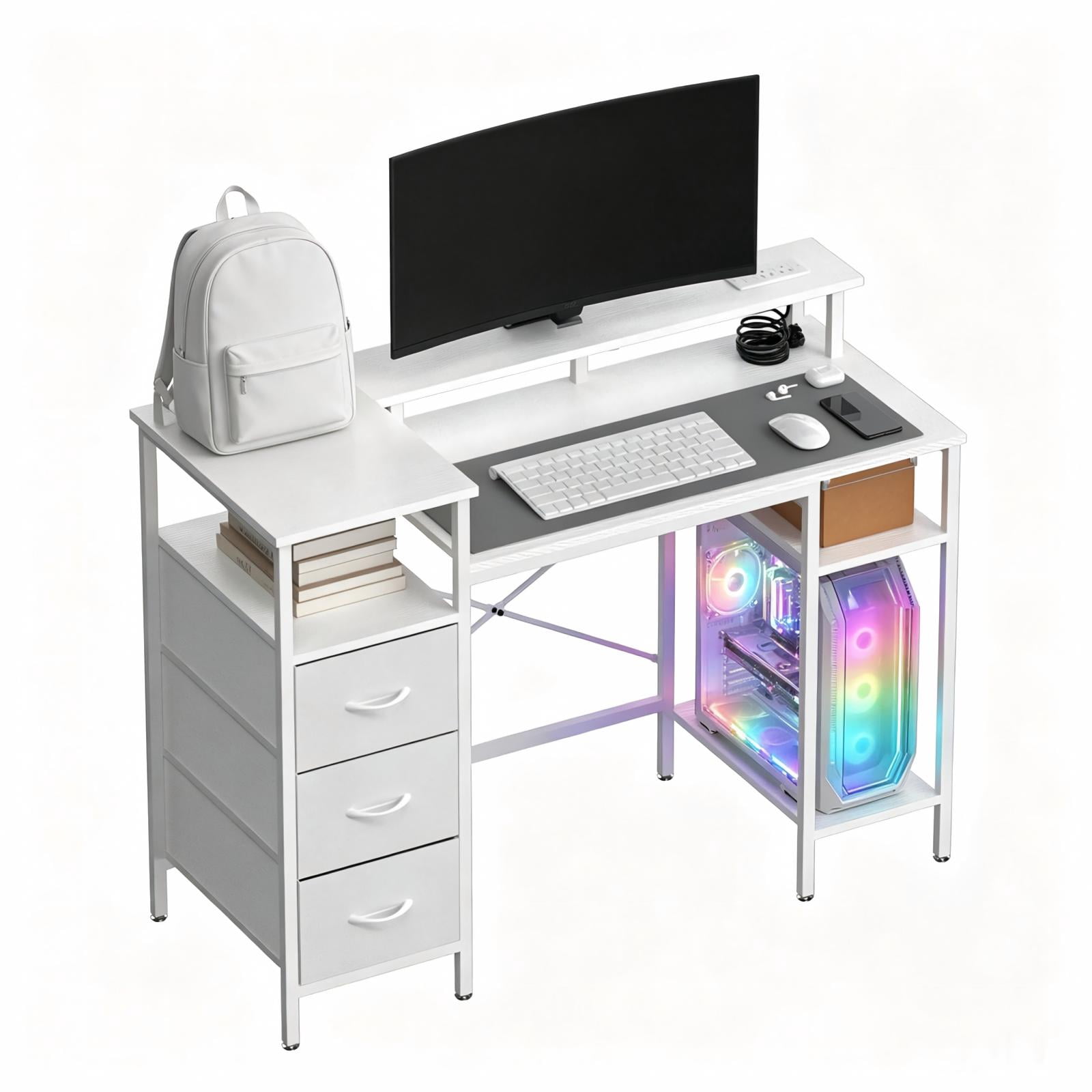 3-Drawer 4-Shelf Computer Desk with Power Strip, White, 47.2 x 18.8 x 34.7 in