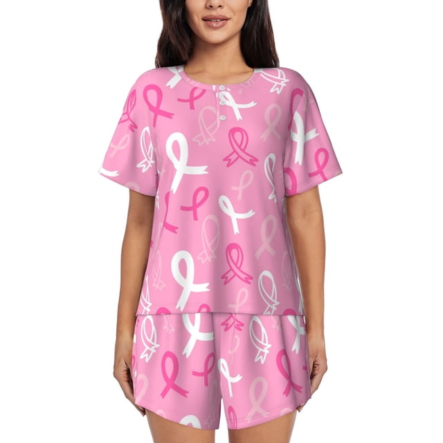 Balery Breast Cancer Awareness (3) Conjunto de Pijama para Mujer con Estampado, Dos Piezas de Manga Corta y Shorts, Ropa de Dormir Suave con Cuello Redondo y Bolsillos-Large