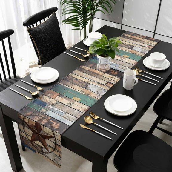 Western Texas Stars Cotton Linen Table Runner 16 x 72 inch Teal Brwon Vintage Wooden Plank Non-slip Rectangular Dining Table Decor for Wedding Party Holiday Dinner